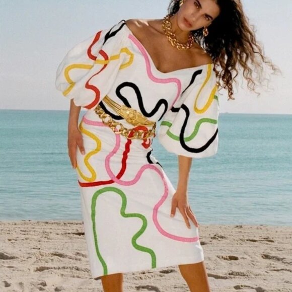 Mara Hoffman Namari Puff Sleeve Printed Linen Off the Shoulder Midi Dress Size 6 - Picture 2 of 12